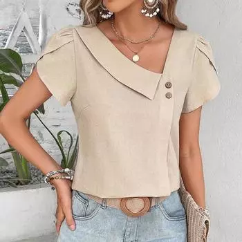 Женские модные повседневные летние весенние однотонные блузки и рубашки с короткими рукавами с принтом S абрикосовый