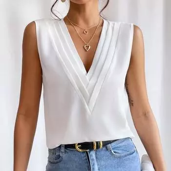 Женские модные повседневные летние весенние однотонные блузки и рубашки без рукавов с v-образным вырезом и принтом S оранжевый