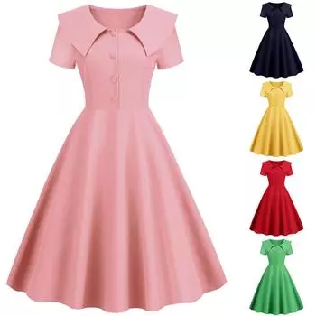 Женские модные повседневные облегающие однотонные ретро-платья с коротким рукавом и лацканами, однобортные, большие свободные платья L зелёный