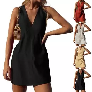 Женские модные повседневные облегающие платья без рукавов с глубоким V-образным вырезом L бежевый