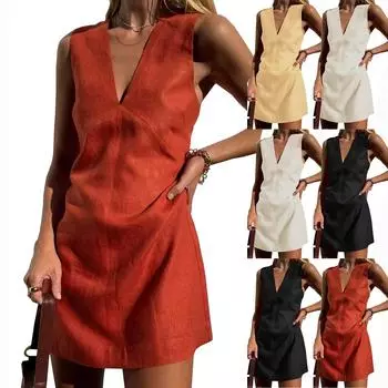 Женские модные повседневные облегающие платья без рукавов с глубоким V-образным вырезом XL бежевый