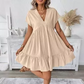 Женские модные повседневные облегающие платья с закрытыми рукавами и V-образным вырезом, плиссированные оборки L бежевый