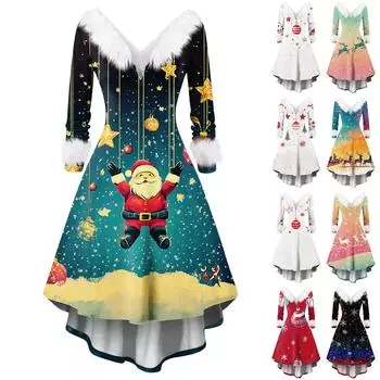 Женские модные повседневные облегающие платья с V-образным вырезом и рождественским принтом для вечеринок с длинным рукавом L чёрный