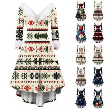 Женские модные повседневные облегающие платья с V-образным вырезом и рождественским принтом для вечеринок с длинным рукавом, повседневные платья XXL коричневый