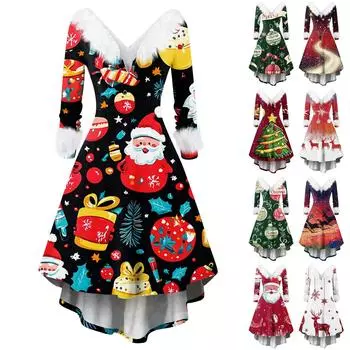 Женские модные повседневные облегающие платья с V-образным вырезом и рождественским принтом для вечеринок с длинным рукавом XXXXXL