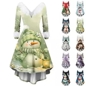 Женские модные повседневные облегающие платья с V-образным вырезом и рождественским принтом для вечеринок с длинным рукавом, повседневные платья XXL