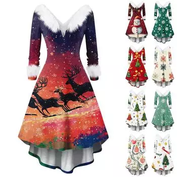 Женские модные повседневные облегающие платья с V-образным вырезом и рождественским принтом для вечеринок с длинным рукавом XXXXL