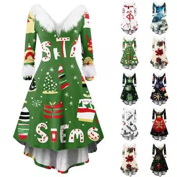 Женские модные повседневные облегающие платья с V-образным вырезом и рождественским принтом для вечеринок с длинным рукавом, повседневные платья XXL красный