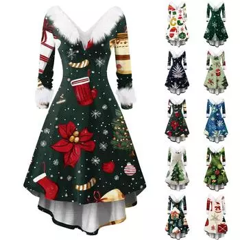 Женские модные повседневные облегающие платья с V-образным вырезом и рождественским принтом для вечеринок с длинным рукавом, повседневные платья XXL