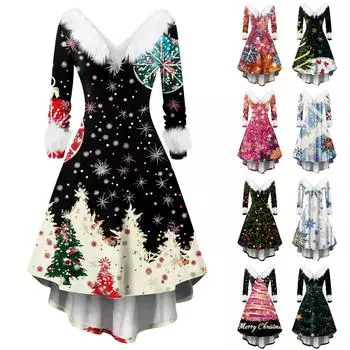 Женские модные повседневные облегающие платья с V-образным вырезом и рождественским принтом для вечеринок с длинным рукавом XXXXXL чёрный