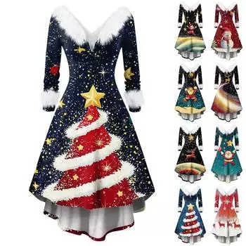 Женские модные повседневные облегающие платья с V-образным вырезом и рождественским принтом для вечеринок с длинным рукавом XXXL красный
