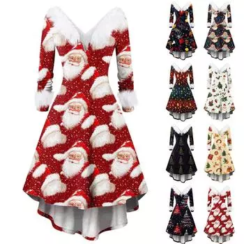 Женские модные повседневные облегающие платья с V-образным вырезом и рождественским принтом для вечеринок с длинным рукавом XXXXXL белый