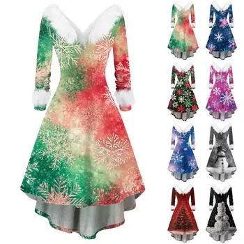 Женские модные повседневные облегающие платья с V-образным вырезом и рождественским принтом для вечеринок с длинным рукавом XL