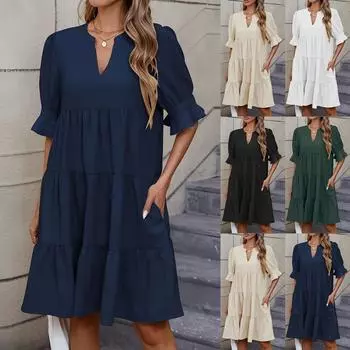 Женские модные повседневные облегающие платья со средним рукавом и V-образным вырезом с оборками XXL