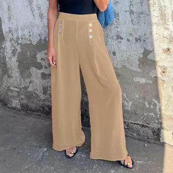 Женские модные повседневные однотонные эластичные свободные широкие брюки на пуговицах M бежевый