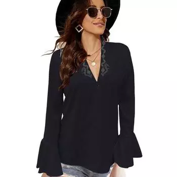 Женские модные повседневные однотонные блузки и рубашки с v-образным вырезом и длинным рукавом с принтом S белый