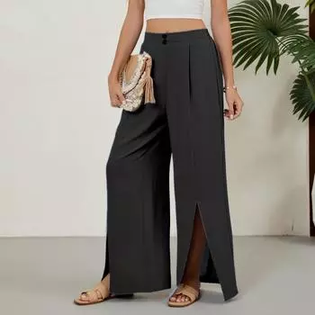 Женские модные повседневные однотонные брюки с эластичной талией, свободные прямые повседневные брюки S чёрный