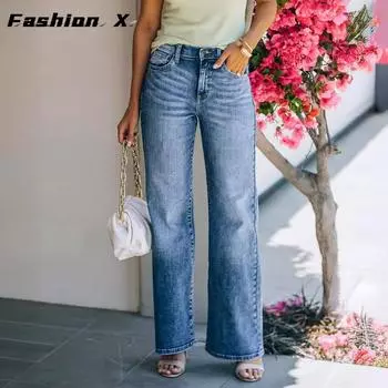 Женские модные повседневные однотонные брюки с высокой талией и принтом, брюки и капри S джинсовый синий