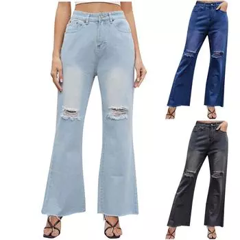 Женские модные повседневные однотонные джинсы, рваные брюки с карманами L