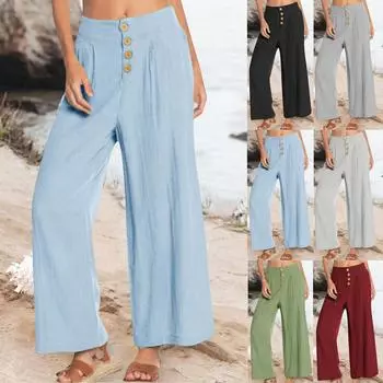 Женские модные повседневные однотонные хлопковые льняные брюки с высокой талией и карманами на пуговицах, широкие брюки L чёрный