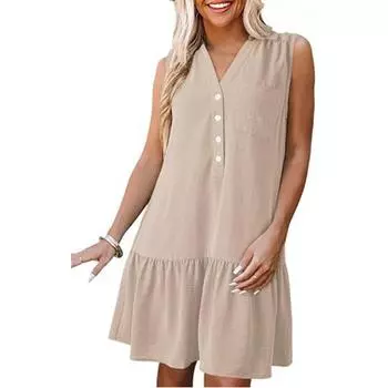 Женские модные повседневные однотонные платья без рукавов с V-образным вырезом и пуговицами L бежевый