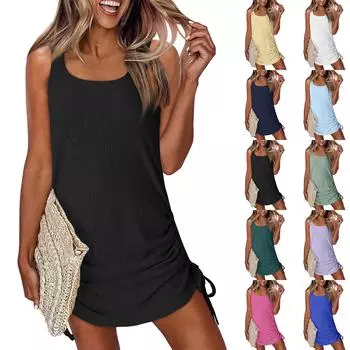 Женские модные повседневные однотонные платья без рукавов с завязками L чёрный