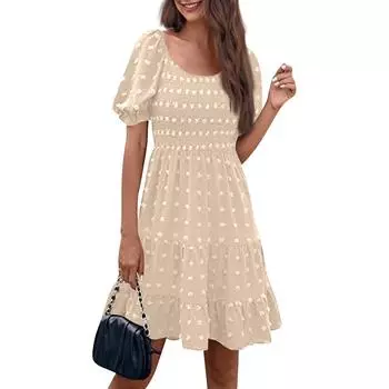 Женские модные повседневные однотонные платья с квадратным вырезом и коротким рукавом в горошек L бежевый