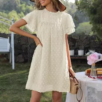 Женские модные повседневные однотонные платья с круглым вырезом и небольшими шариками, двухслойные платья с короткими рукавами M бежевый