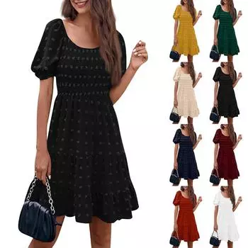 Женские модные повседневные однотонные платья с квадратным вырезом и коротким рукавом в горошек L бежевый