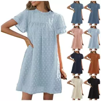 Женские модные повседневные однотонные платья с круглым вырезом и небольшими шариками, двухслойные платья с короткими рукавами L