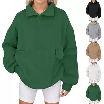 Женские модные повседневные однотонные толстовки с длинными рукавами и полупуговицами на лацканах с карманом M