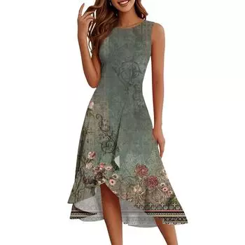 Женские модные повседневные платья без рукавов с круглым вырезом и принтом, элегантные, темпераментные, с оборками L армия зеленый