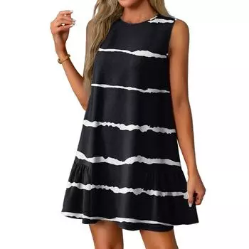 Женские модные повседневные платья без рукавов с круглым вырезом и оборками с винтажным принтом L чёрный