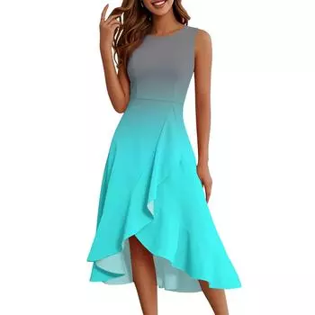 Женские модные повседневные платья без рукавов с круглым вырезом и принтом, элегантные, темпераментные, с оборками L циан