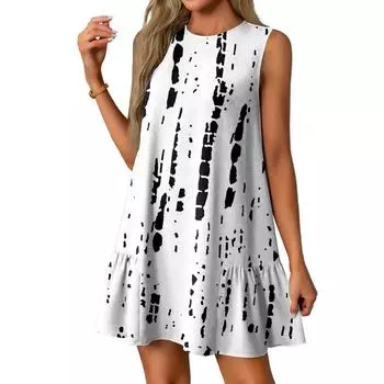 Женские модные повседневные платья без рукавов с круглым вырезом и оборками с винтажным принтом L