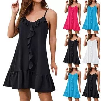 Женские модные повседневные платья без рукавов с однотонной отделкой на груди и оборками L чёрный