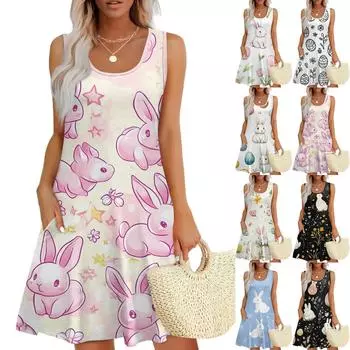 Женские модные повседневные платья без рукавов с круглым вырезом и пасхальным принтом L бежевый