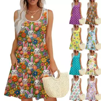 Женские модные повседневные платья без рукавов с круглым вырезом и пасхальным принтом XXL