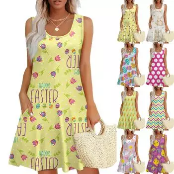 Женские модные повседневные платья без рукавов с круглым вырезом и пасхальным принтом XXXL жёлтый