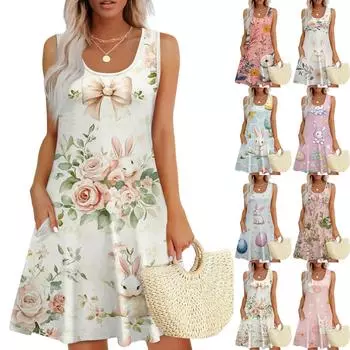 Женские модные повседневные платья без рукавов с круглым вырезом и пасхальным принтом XXL хаки
