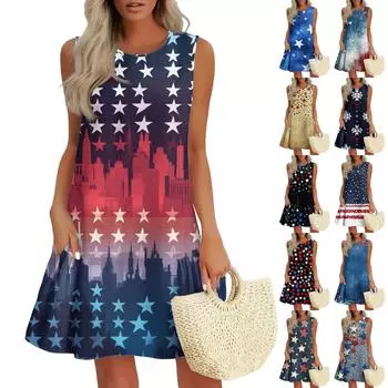 Женские модные повседневные платья без рукавов с круглым вырезом и оборками с принтом «День независимости» M тёмно-синий