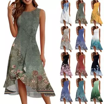 Женские модные повседневные платья без рукавов с круглым вырезом и принтом, элегантные, темпераментные, с оборками L армия зеленый