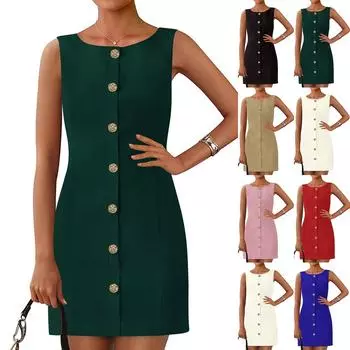 Женские модные повседневные платья без рукавов с круглым вырезом на пуговицах L чёрный