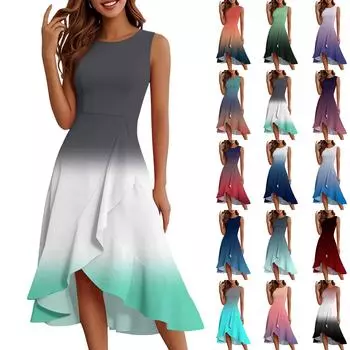 Женские модные повседневные платья без рукавов с круглым вырезом и принтом, элегантные, темпераментные, с оборками L циан