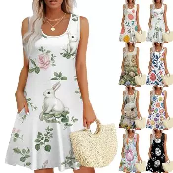 Женские модные повседневные платья без рукавов с круглым вырезом и пасхальным принтом L бежевый