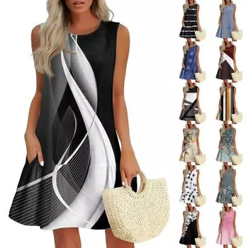 Женские модные повседневные платья без рукавов с круглым вырезом и оборками с винтажным принтом XXL чёрный