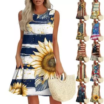Женские модные повседневные платья без рукавов с круглым вырезом и оборками с принтом «День независимости» M