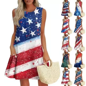 Женские модные повседневные платья без рукавов с круглым вырезом и оборками с принтом «День независимости» S тёмно-синий
