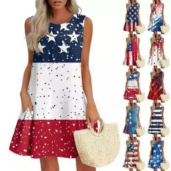 Женские модные повседневные платья без рукавов с круглым вырезом и оборками с принтом «День независимости» M