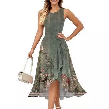Женские модные повседневные платья без рукавов с круглым вырезом и принтом, элегантные, темпераментные, с оборками S